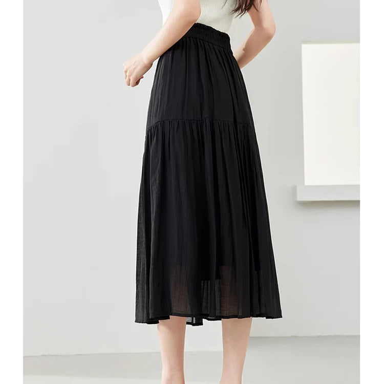 Vimly Black Elegant A-line Women's Midi Skirt Spring Simple Elastic Waist Solid Thin Female Skirts Women's Clothing M6079