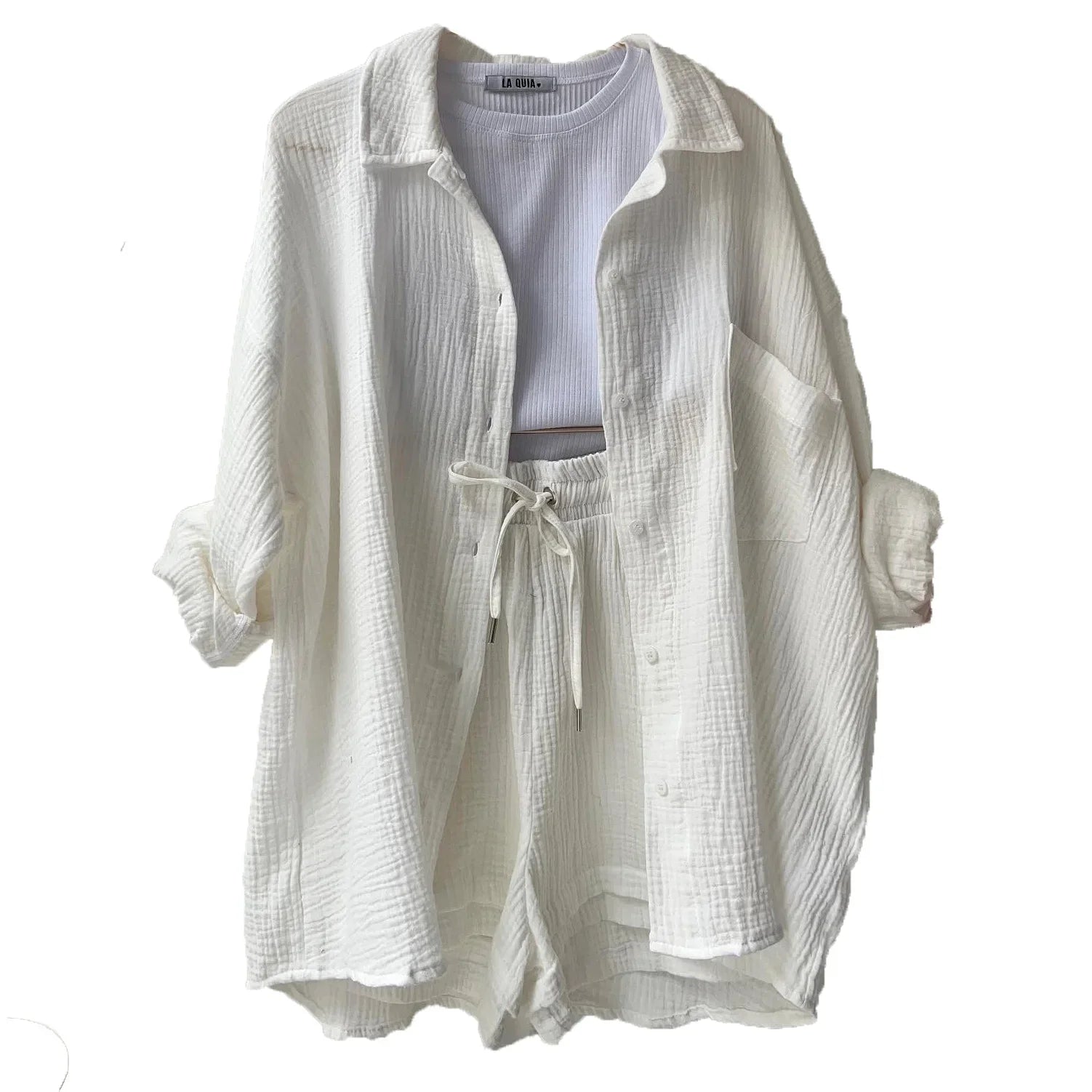 2 Piece Casual Sleepwear Cotton Pajamas for Women Turn-Down Collar Sleep Tops Suits with Shorts Gauze Cardigan Homewear Summer WHITE