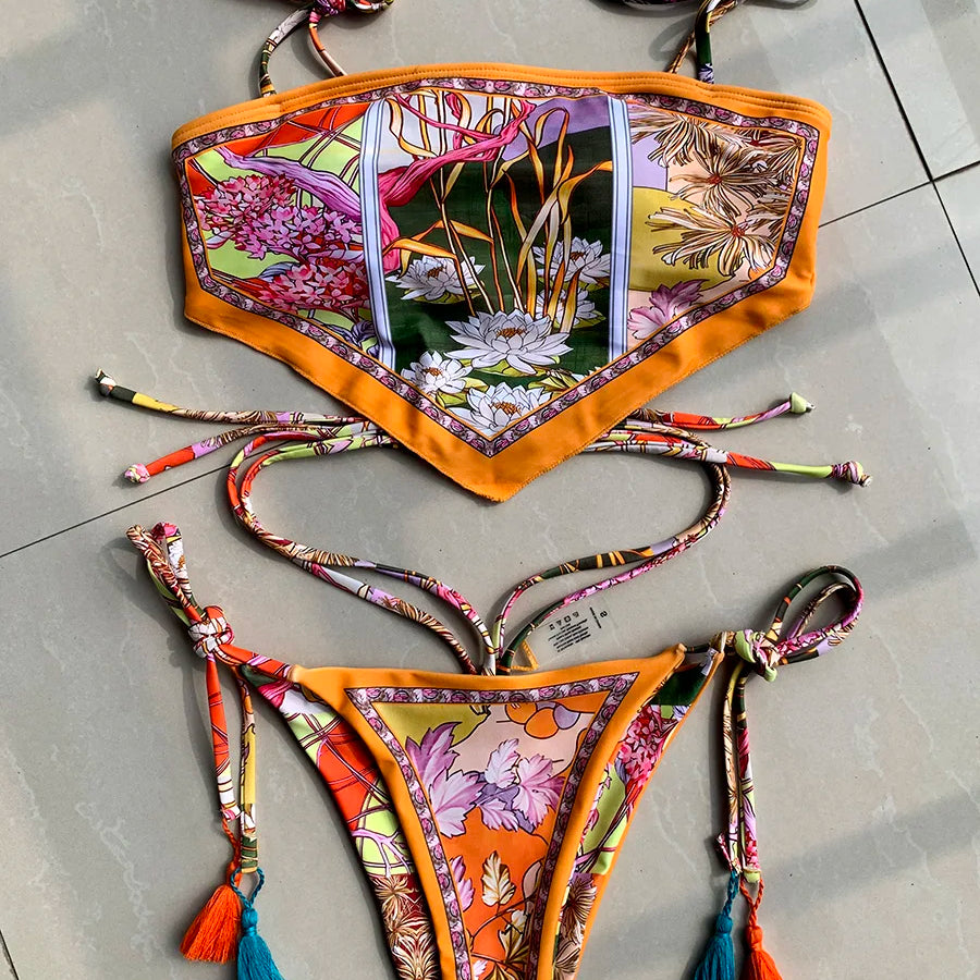 Printed Crop Top Bikini 2024 Women Bikinis Brazilian Swimwear Female Swimsuit Two-pieces Bikini Set High Cut Bathing Suit Swim C223Orange