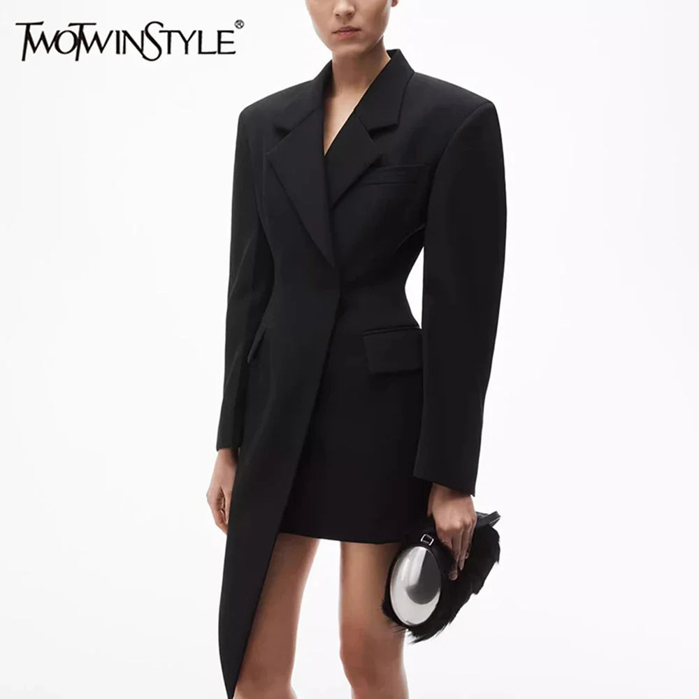 Blazer minimalista sólido para mulheres, gola entalhada, manga comprida, patchwork, bolsos irregulares, casaco feminino, estilo fashion
