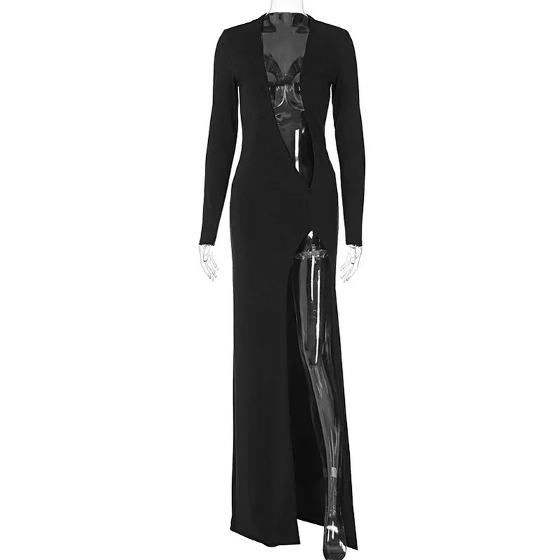 2023 Winter New Fashion Sexy V-neck Solid Color Hollow Slit Dress Elegant Luxurious Club Clothing Vestidos black