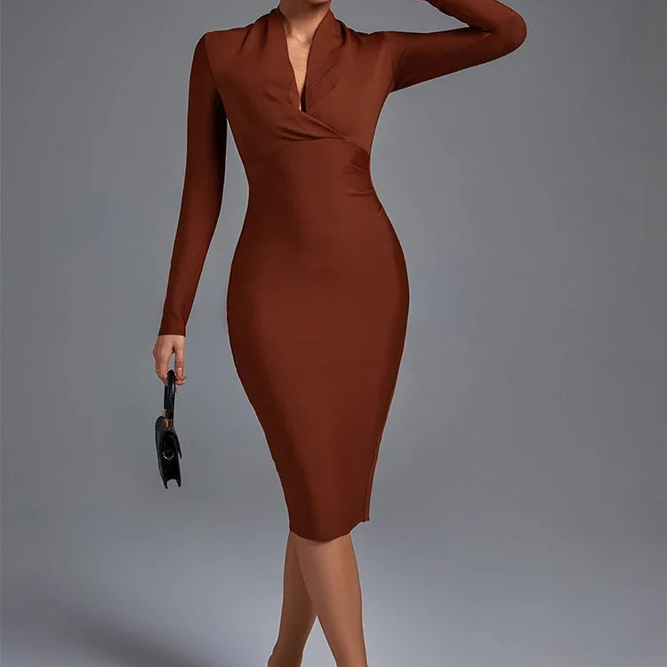 Draped Bandage Dress Women Long Sleeve Bandage Dress Bodycon Elegant Sexy Midi Evening Party Dress Summer Club Outfits