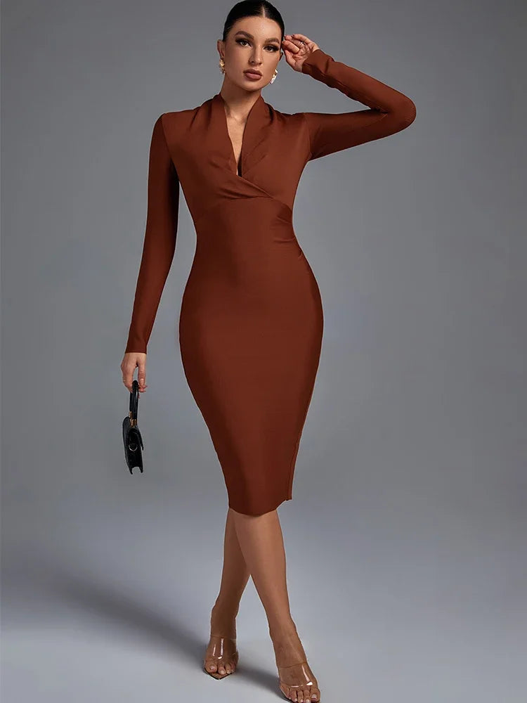 Draped Bandage Dress Women Long Sleeve Bandage Dress Bodycon Elegant Sexy Midi Evening Party Dress Summer Club Outfits