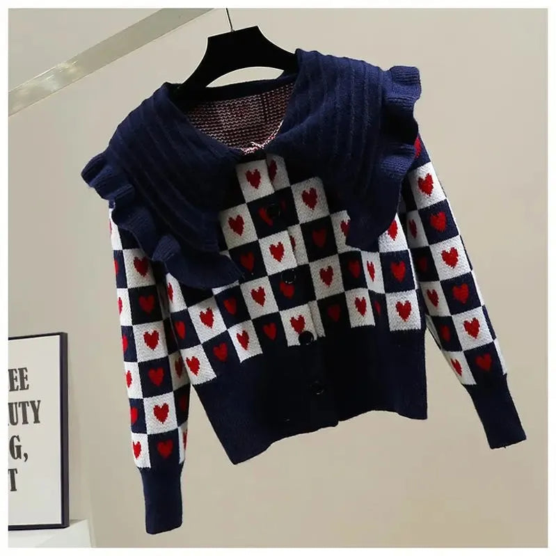 Heart-Shaped Plaid Peter pan Collar Acrylic Knitted Long Sleeve Women's Sweater Korean Fashion Chic Single Breasted Cardigan Navy Blue