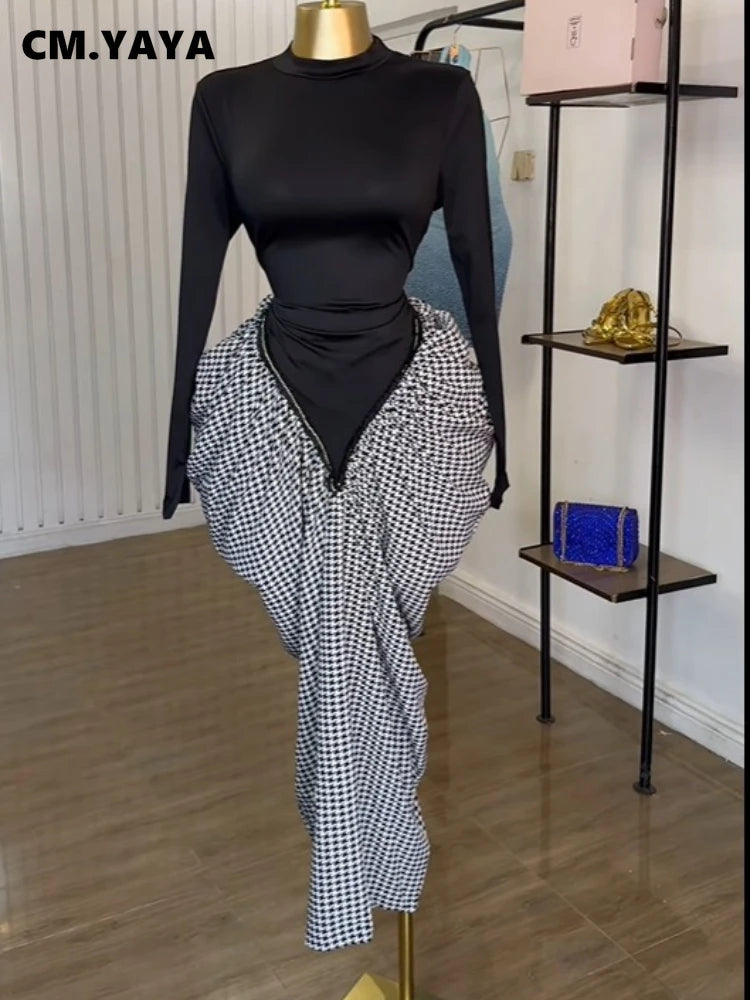 CM.YAYA Women Houndstooth Stacked Ruched Side Long Sleeve Bodycon Midi Maxi Long Dress 2025 Birthday Vacation Sexy Party Dresses