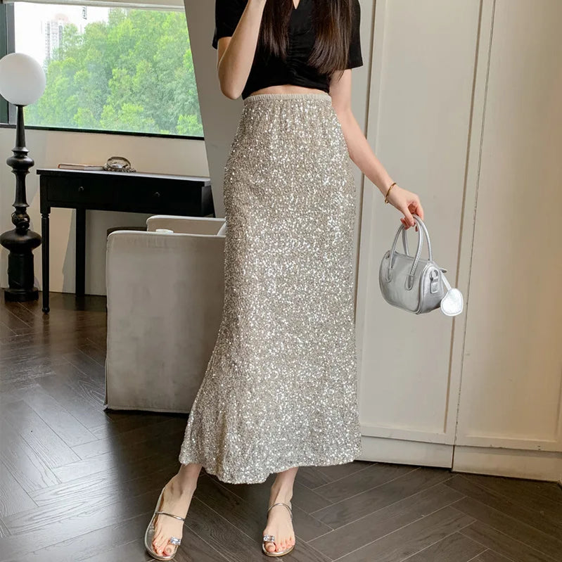 New Heavy Industry Sequins Fish Tail Skirt for Spring/summer Luxury Sexy High Waisted Slimming Hip Pack Long Mermaid Skirt