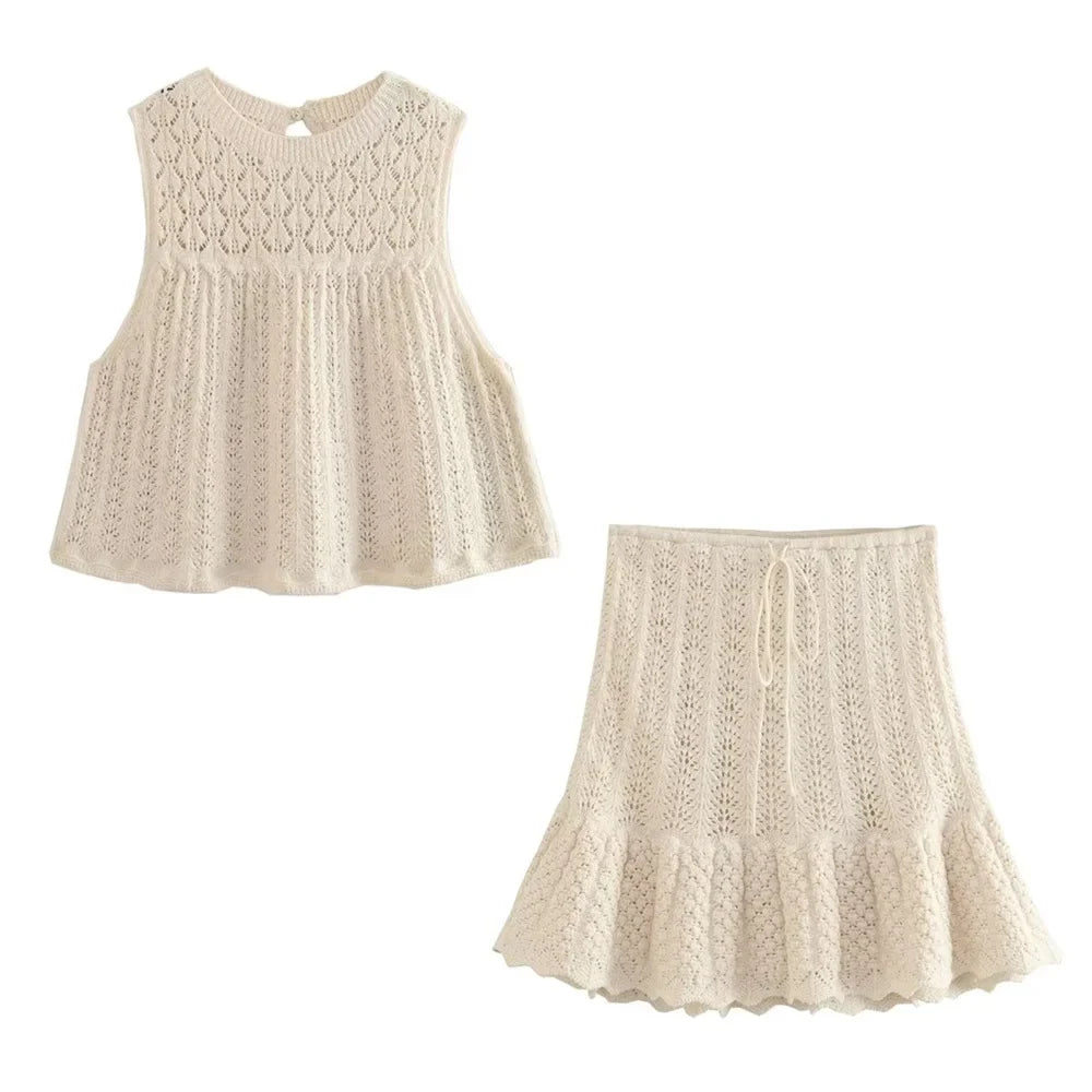 UNIZERA Autumn New Product Women's Fashion Jacquard Hollow out Knitted Top Mini Short Skirt Set creamy-white