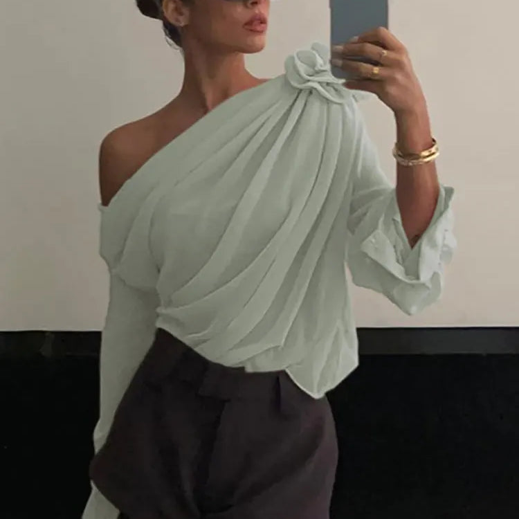 GACVGA Skew Collar Floral Mesh Chiffon Blouses Tops Tshirt Elegant T Shirt Fashion Crop Top See Through Women's Blouses & Shirts Green