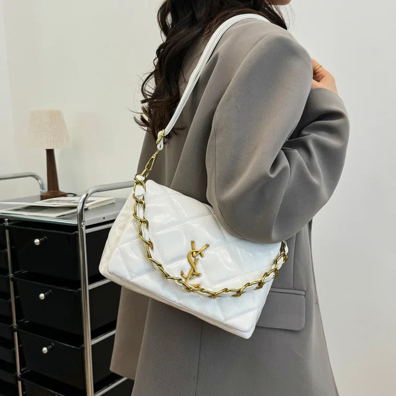 Quilted Bag with Letter Print 2025 - Vintage Chain Strap Crossbody Bag, Elegant Small Square Shoulder Purse for Women