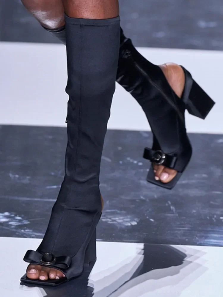 Women's Spring/Summer New Knee Long Women's Boots Fish Mouth Side Zipper Elastic Mid Sleeve Boots 44 Large Women's Boots Black satin