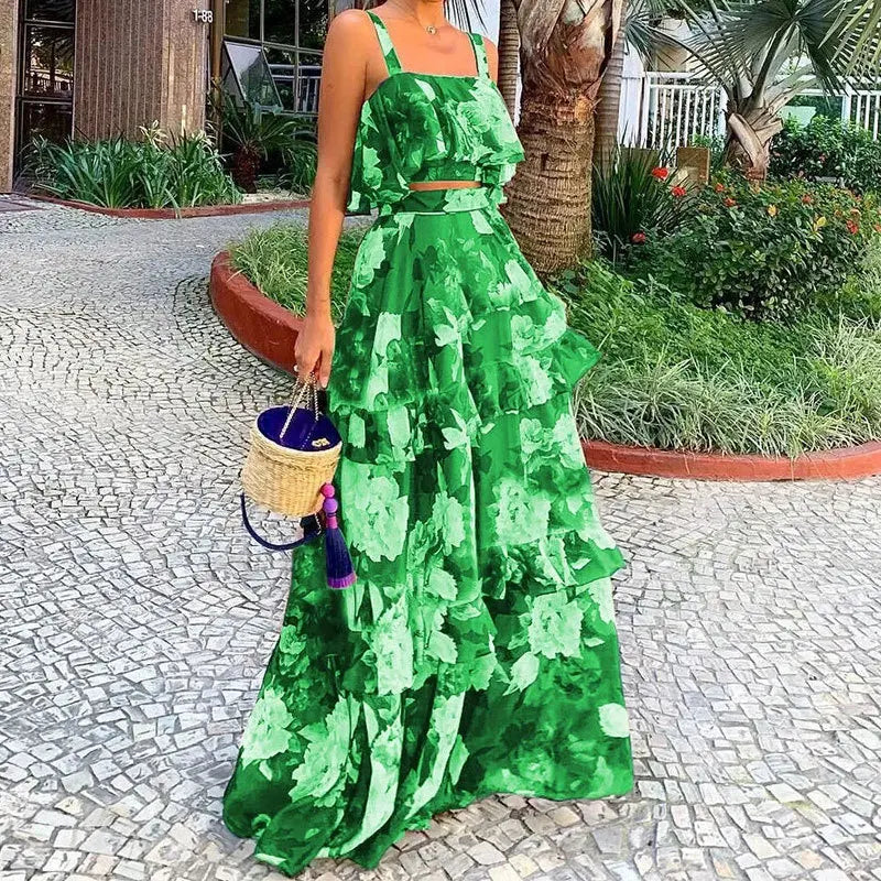 Summer Sexy Sleeveless Suspender Tops And Skirt Suit Fashionable Elegant Ruffled Dress Top Outfits Casual Party Two-piece Sets