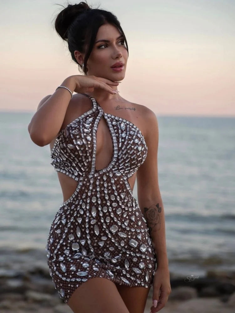 Robe courte sexy en maille à paillettes et cristaux pour femme, tenue de soirée, de bar, de discothèque, de spectacle sur scène