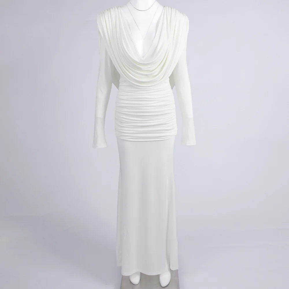 TWOTWINSTYLE Solid Slimming Spliced Folds Minimalist Dresses for Women V Neck Long Sleeves Elegant Evening Dress Female Fashion