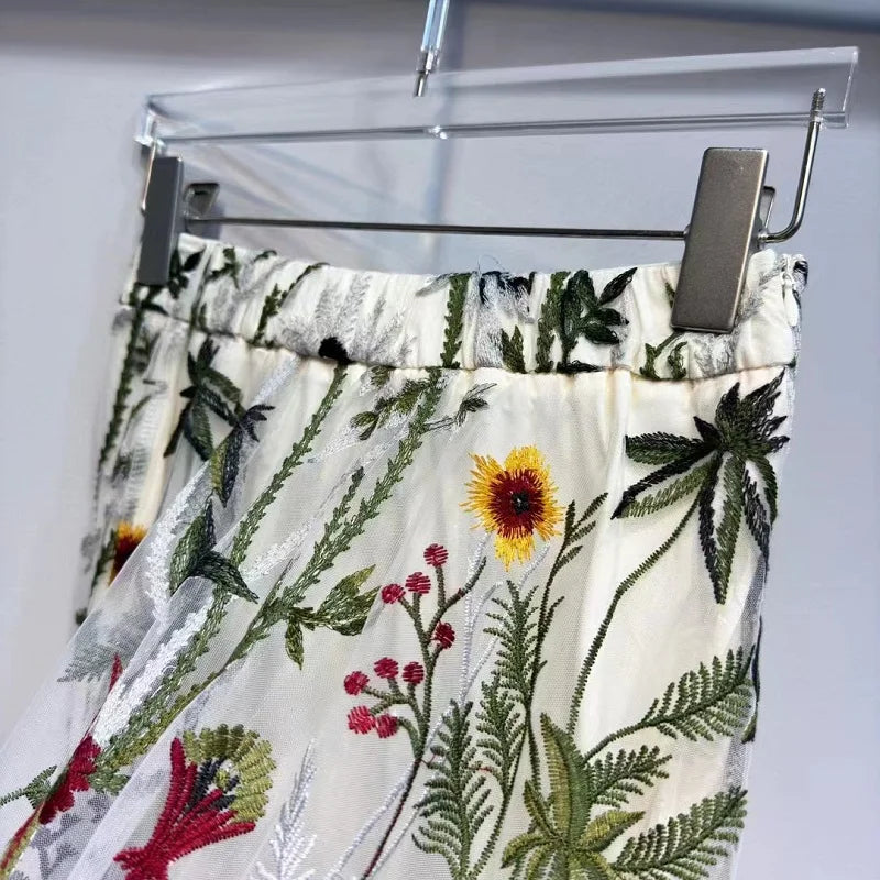 Top Quality New Long Skirts Spring Fashion Designer Women Elastic Waist Allover Luxurious Embroidery Sexy Tulle Mesh Skirts
