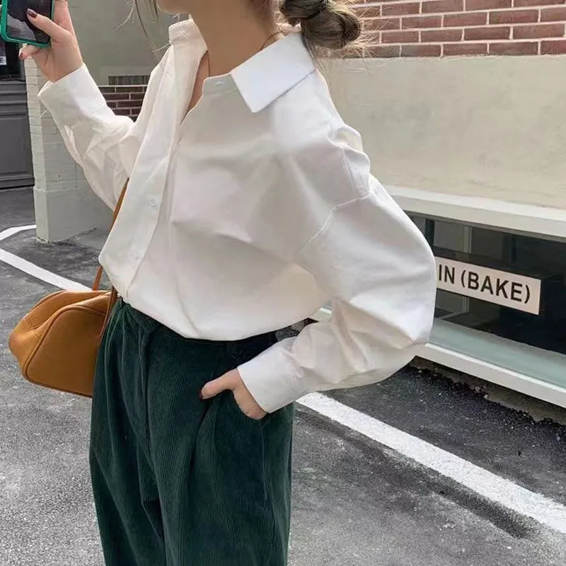 Autumn Clothes Korean Women Shirt Long Sleeve Harajuku Spring Korean Style Fashion Blouse Shirt White Vintage Female Casual Tops WHITE
