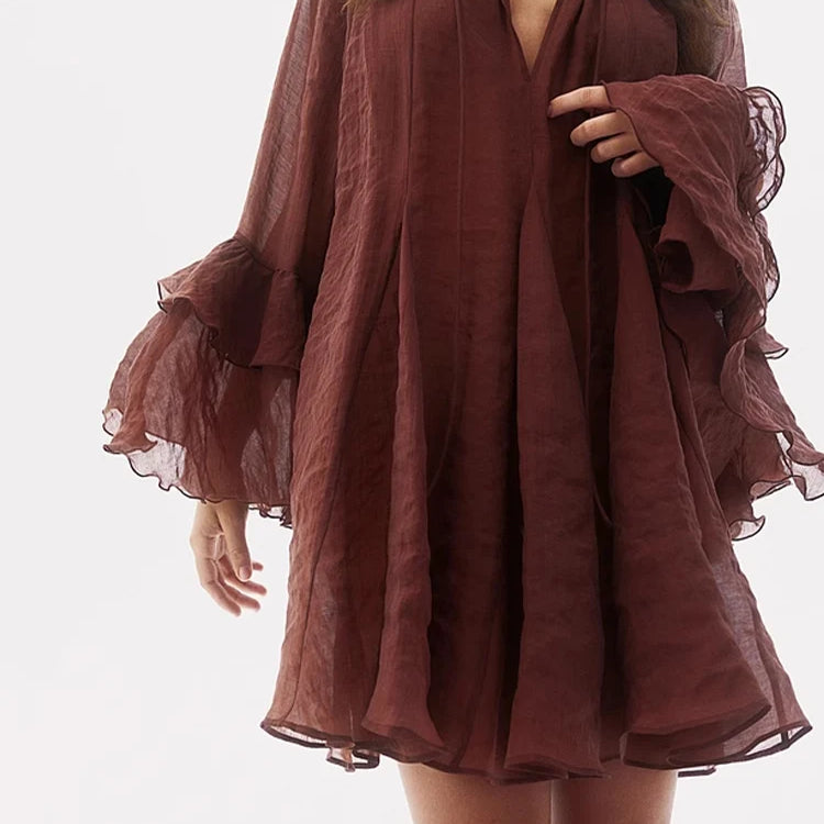 European and American style fashion all-match long-sleeved dress pleated new women's clothing ruffled tie waist dress