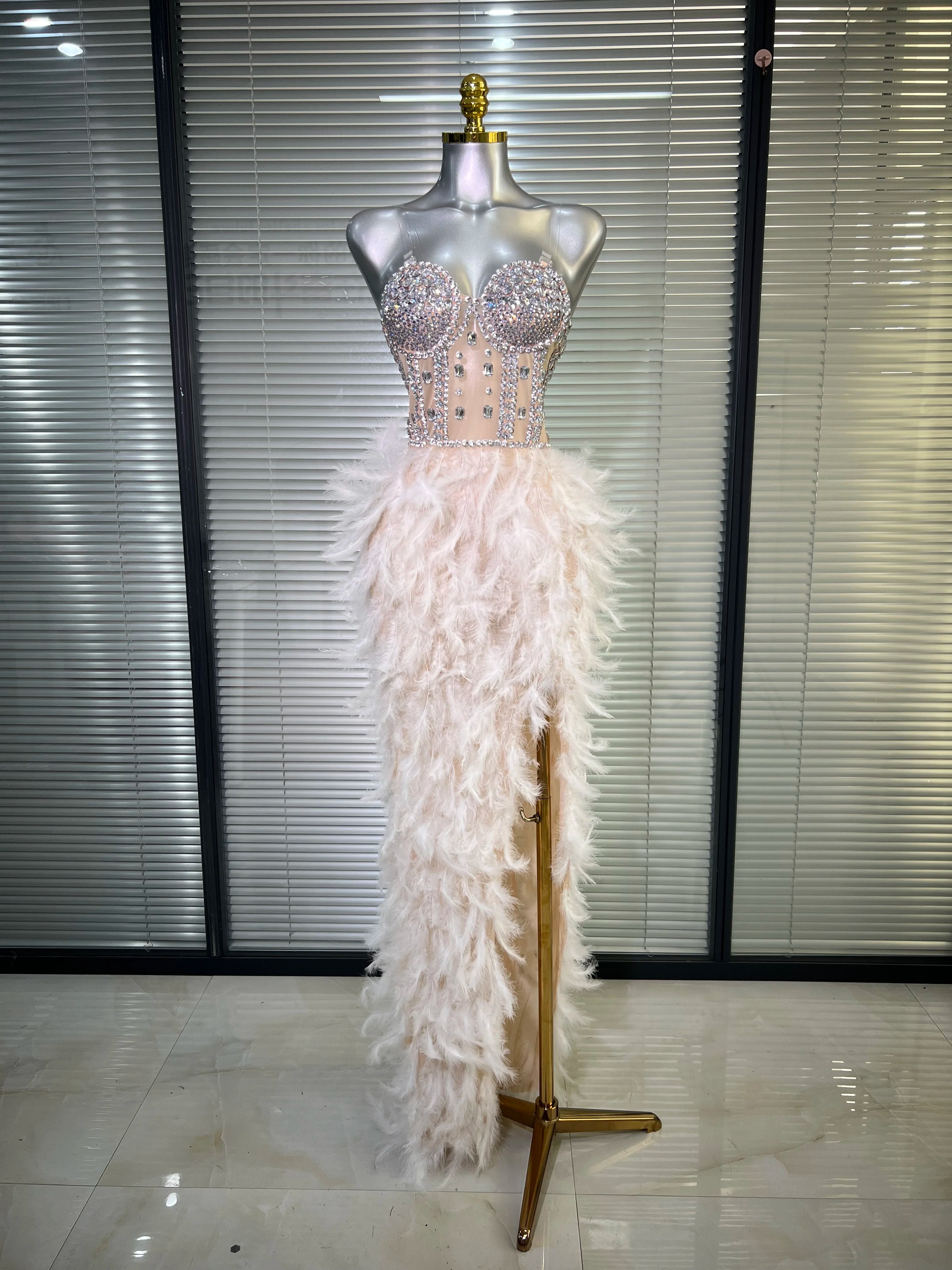New Women Sexy Mesh Stretched Split Feathers Performance Costume Stage Black Nude High Stretchy Night Club Party Maxi Dress