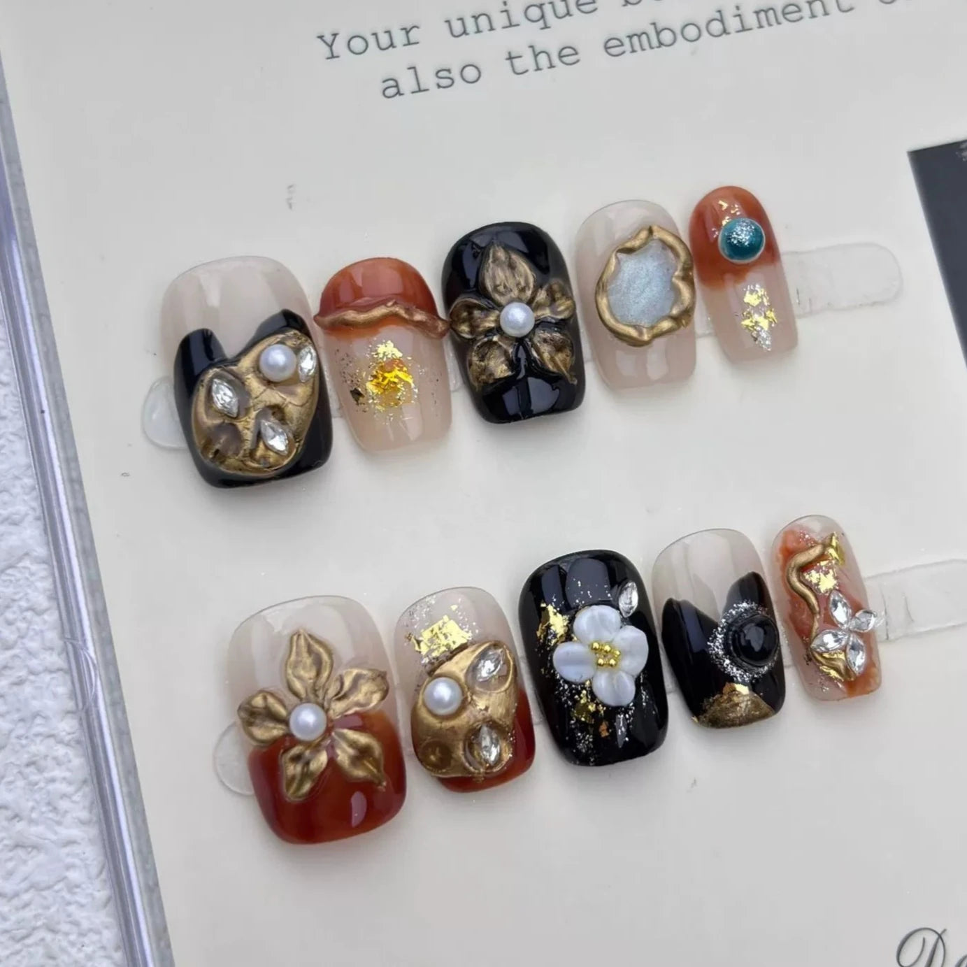 10Pcs Black Green Handmade Manicure French Tips Golden Stripes 3D Irregular Design Cat Eye  Short Square Acrylic Fake Nails Set