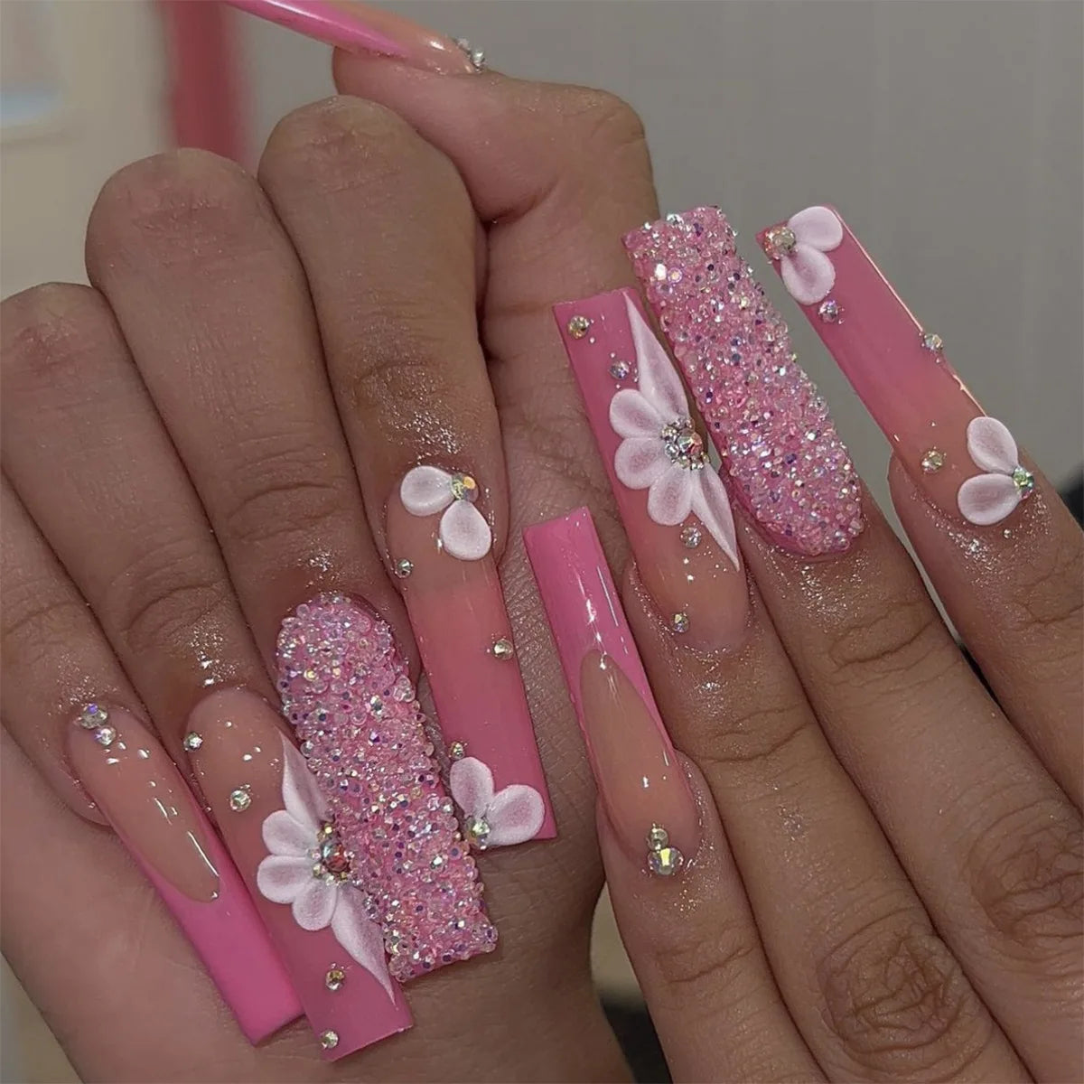 24Pcs French False Nails Pink Zebra Pattern Press on Nails Medium Square Coffin False Nails Y2k Artificial Full Cover Nail Tips