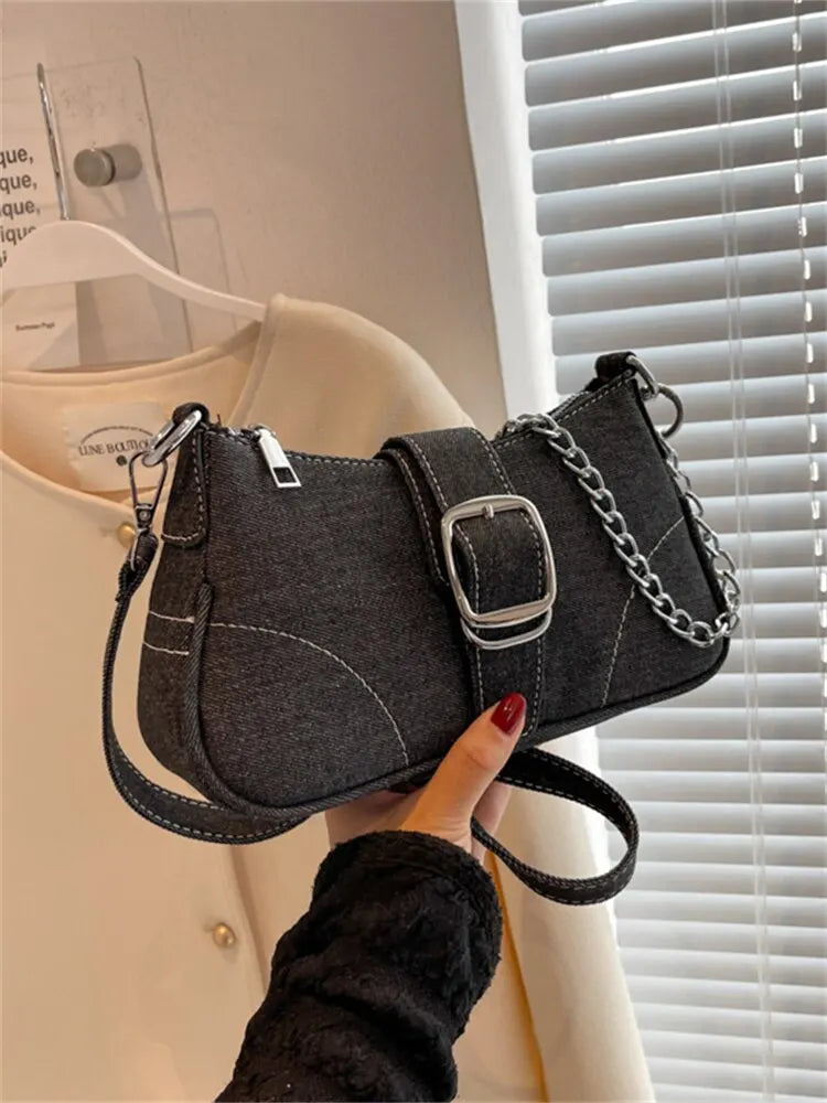 Fashionable Denim Personalized Design Exquisite Texture Shoulder Underarm Small Square Bag Black