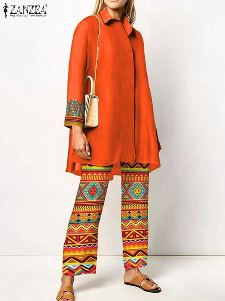 Fashion Retro Printed 2pcs Pant Sets ZANZEA Holiday Long Sleeve Lapel Shirts Outfits Elegant Women Long Trouser 2023 Tracksuit B-Orange