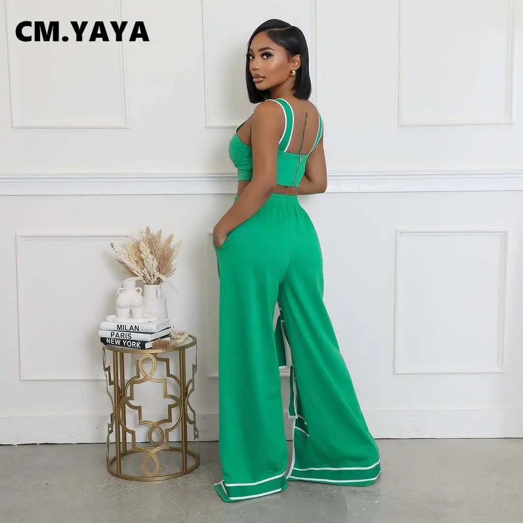 CM.YAYA Fashion Women Striped Patchwork Bowknot Split Wide Leg Jogger Pants 2025 Summer Active Sporty Classic Trousers
