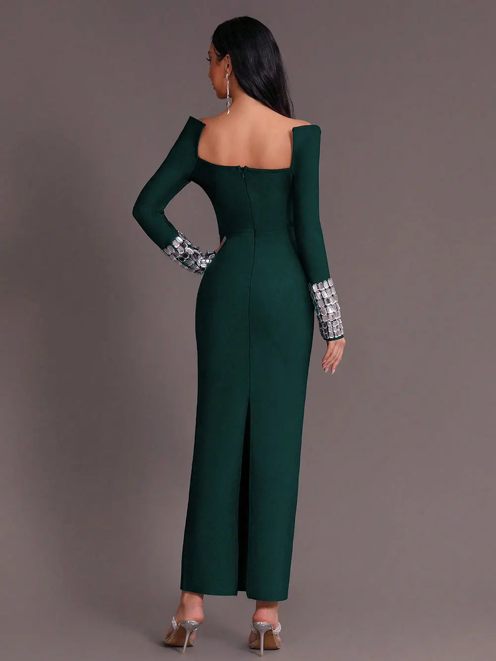 2025 New Women'S Elegant Bandage Dresses Square Neck Long Sleeved Nail Bead Design Bodycon Long Dress Evening Party Vestidos