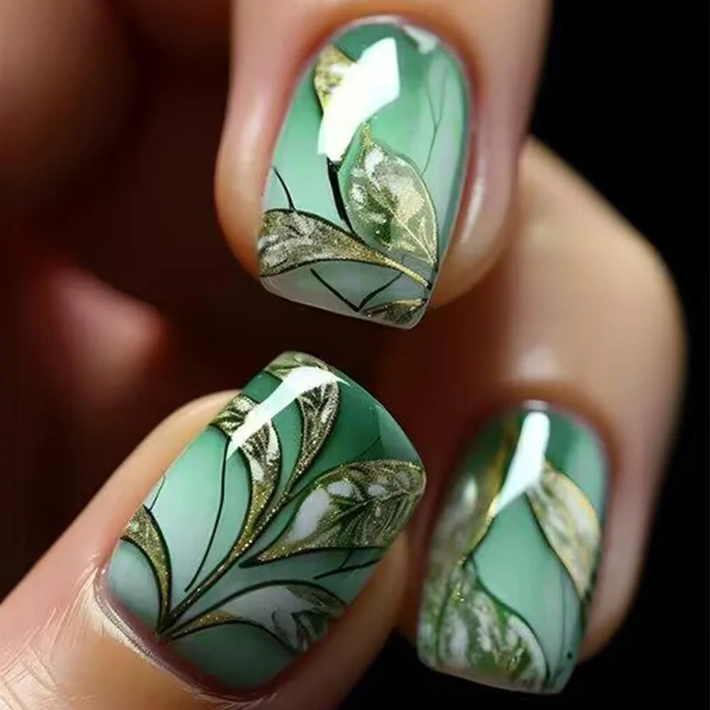 24pcs/set short Medium quare Glossy Ballerina Fake Nails jellyfish blue sea wave flowers geometric design press on false nails