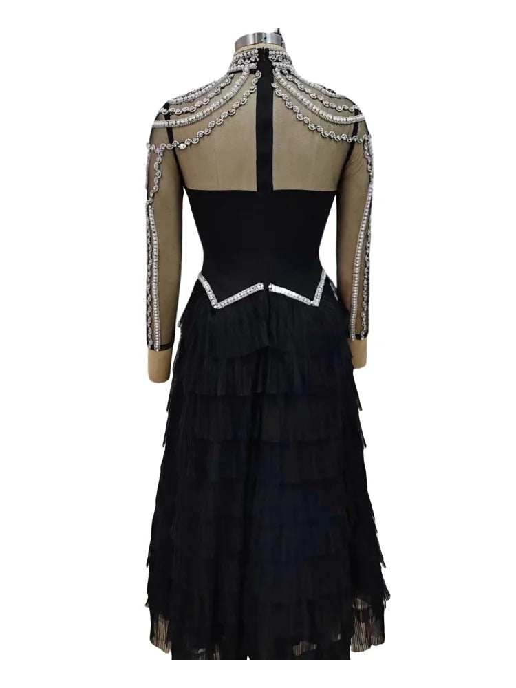 Shining Diamonds Pearl Beading Sexy See Through Mesh Ball Gown Dress Woman Birthday Party Vestido Celebrity Party Outfit