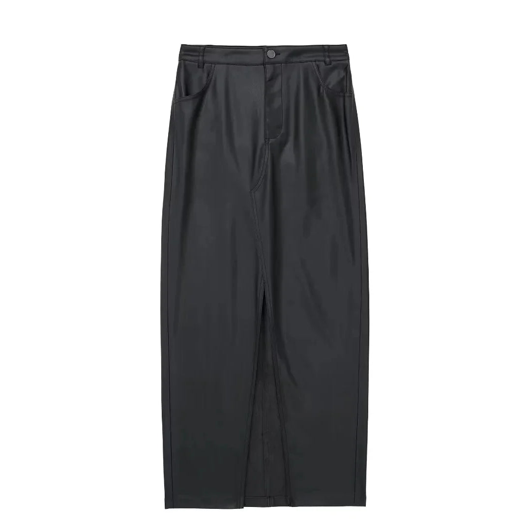 TRAF 2023 Autumn Women's Zipper Fly Lady Skirts Mujer Side Pockets Faux Leather Midi Skirt Clothing As picture