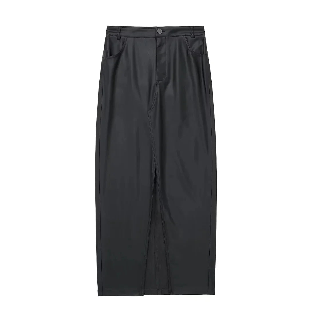 TRAF 2023 Autumn Women's Zipper Fly Lady Skirts Mujer Side Pockets Faux Leather Midi Skirt Clothing As picture
