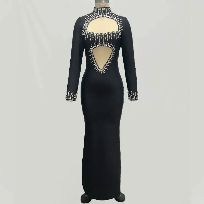 Winter Style Women Long Sleeve Sexy Mesh Sparkly Crystal Bodycon Long Bandage Dress Fashion Celebrate Evening Party Dress