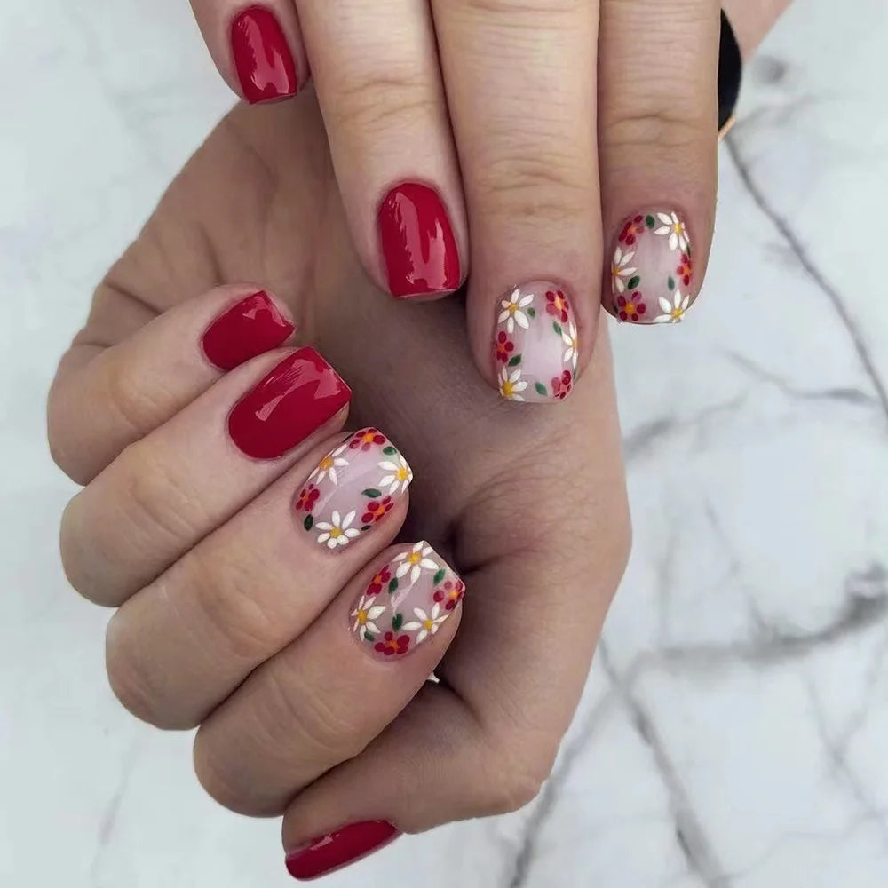 24 peças unhas curtas retrô com design de flores, arte para manicure, unhas postiças rosa, unhas postiças quadradas vestíveis, pontas de unhas com cobertura total