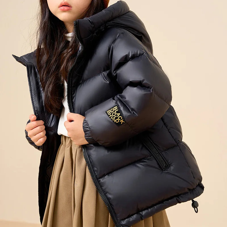Kids Warm Down Bread Jackets For Boys Girls Fashion Teenage Solid Hooded Parka Snowsuits Winter Children Outerwear Overcoat Black