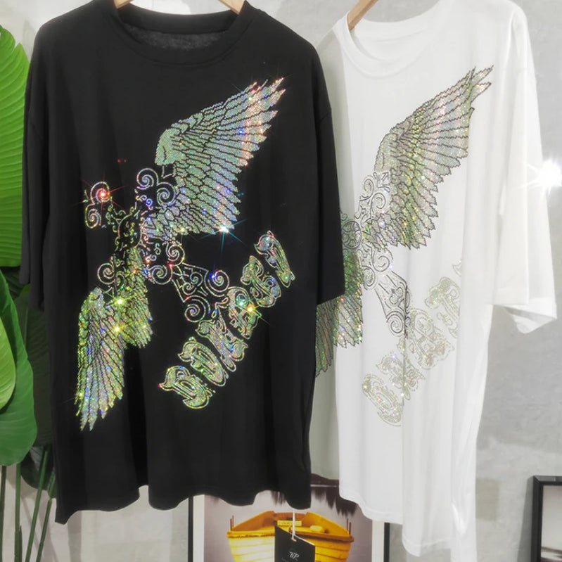 Rhinestone Eagle Luxury Big Size T Shirt Cotton 150KG Plus Size Women Men Brand T-shirt Summer Loose Fit Black Women's Clothing