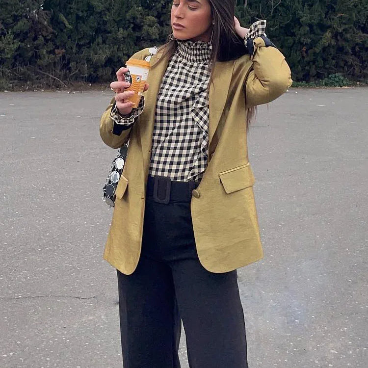 TRAFZA Autumn New Women's Fashion Gold Blazer Retro V Neck Party Long Sleeve Button Up Women's Pocket Casual Blazer Chic Top