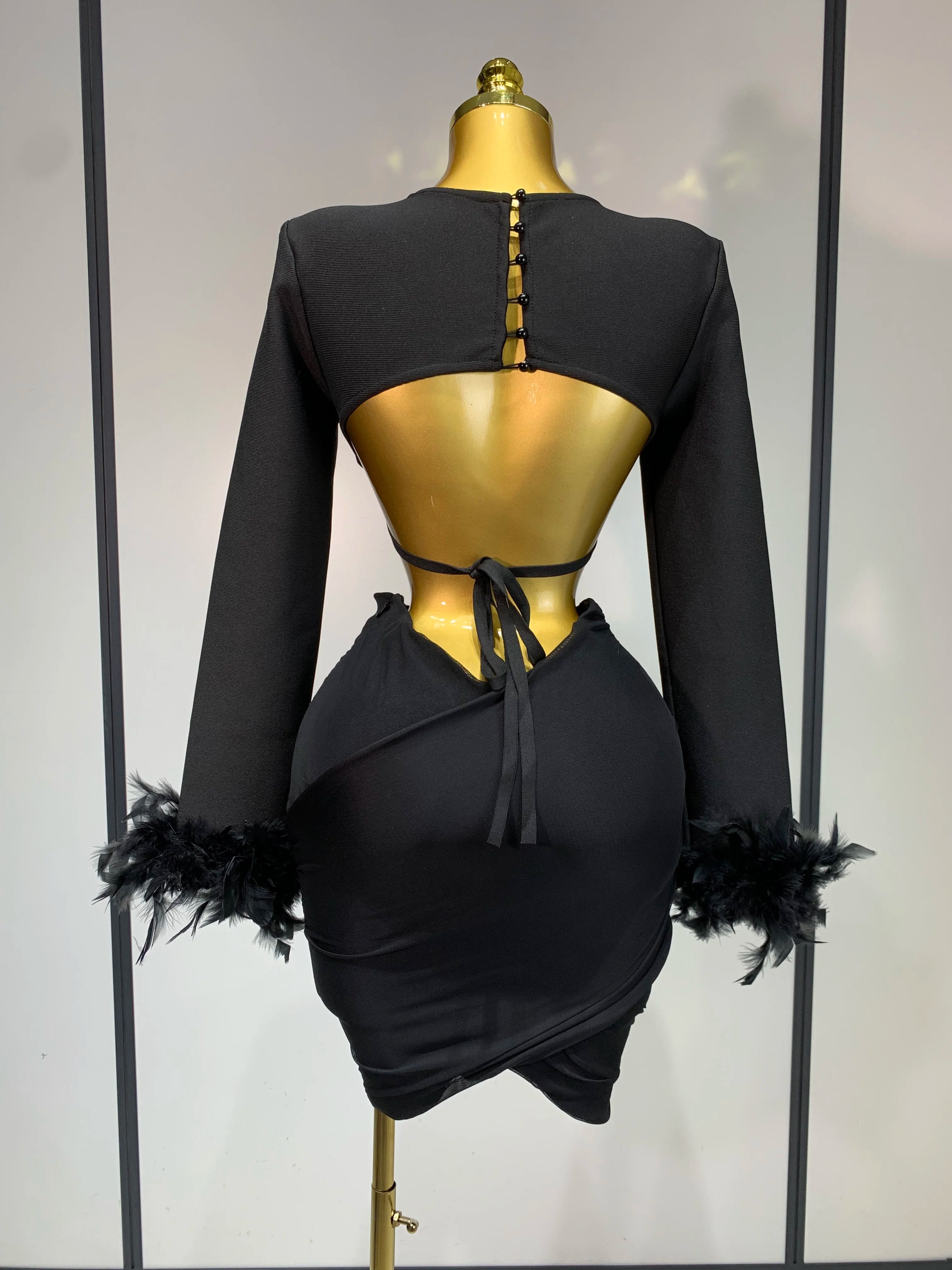 Luxury Birthday Dress Women Sexy Long Sleeve Feather Black Mesh Mini Bodycon Bandage Dress Elegant Evening Club Party Dress 