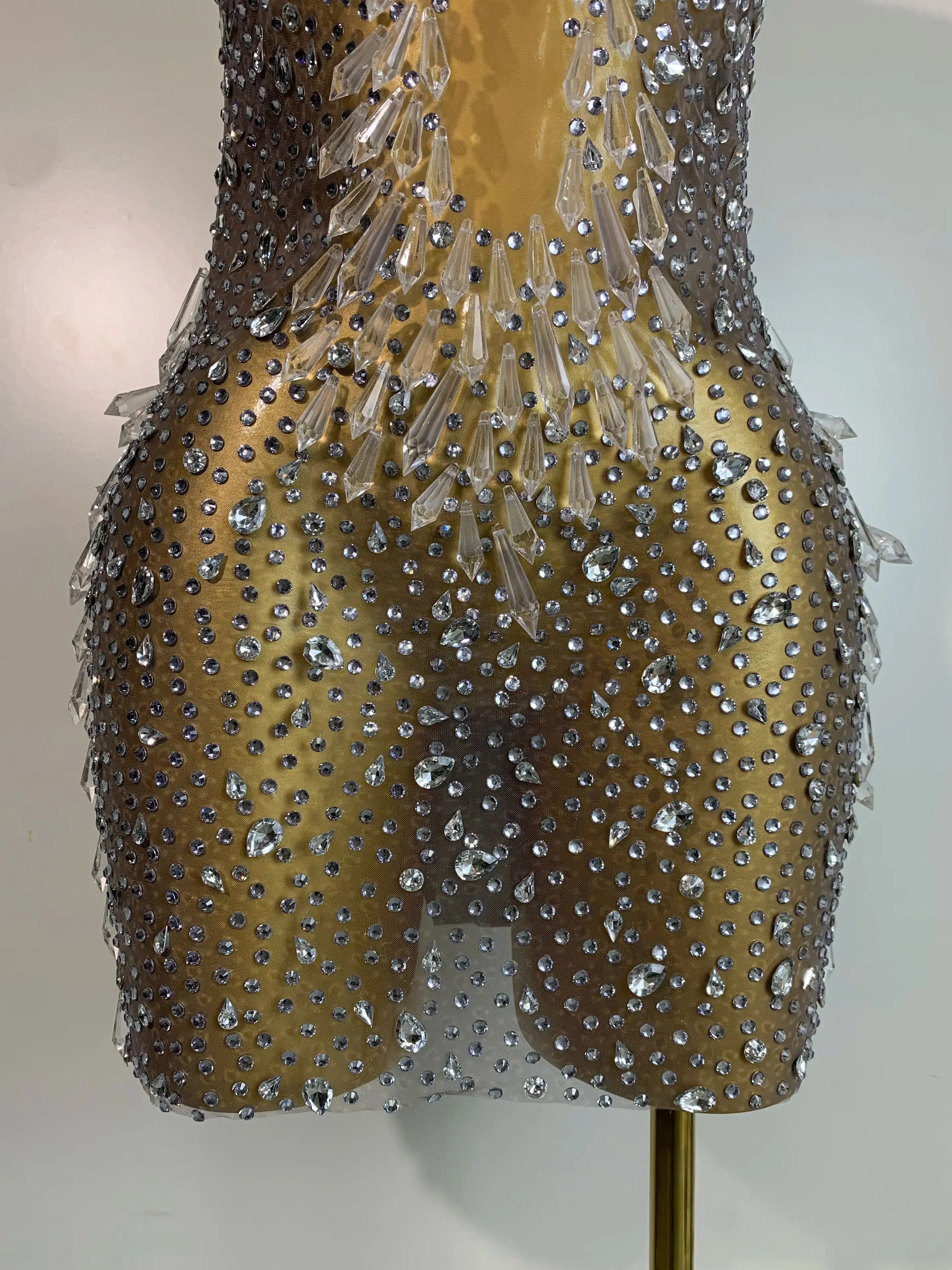 Stock Women Luxury Sexy Mesh Crystal Diamonds Mini Dress Birthday Party Costume Bar Nightclub Stage Performance Singer Outfit