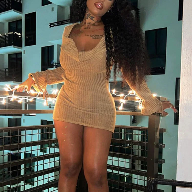 WannaThis Knitted Cutout Deep V-Neck Long Sleeve Ruched Dress Women Sexy Fashion Round Neck Backless Wrapped Woven Mini Dress