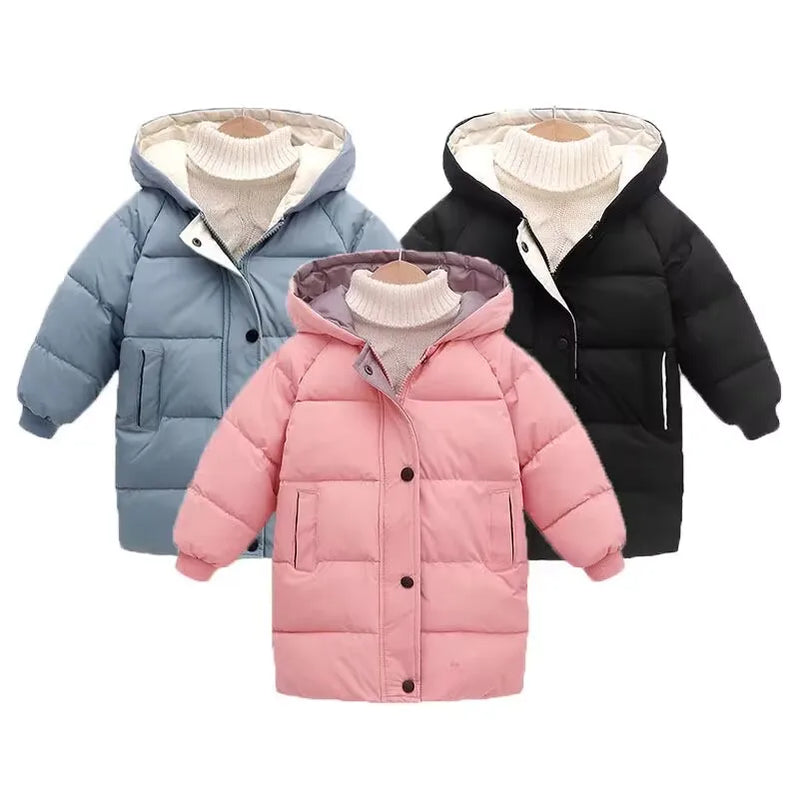 4-10 Years Boys Long Down Jackets Winter Kids Girls Thick Warm Hooded Outerwear Children Waistcoat Coat Fashion Casual Clothing