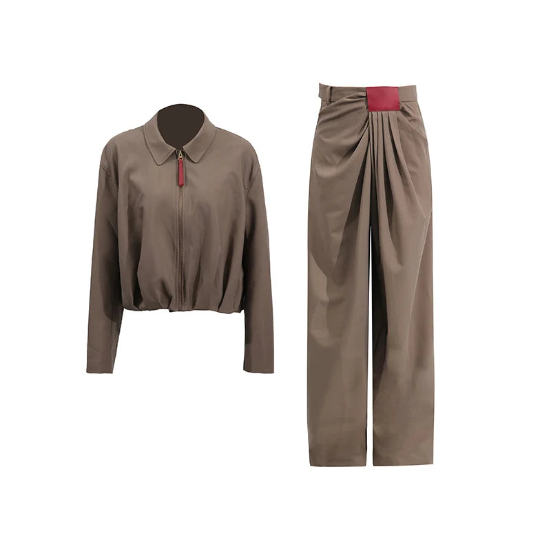 TWOTWINSTYLE Fashion Casual Two Piece Sets for Women Lapel Long Sleeves Patchwork Zipper Top High Waist Wide Leg Pant Set Female