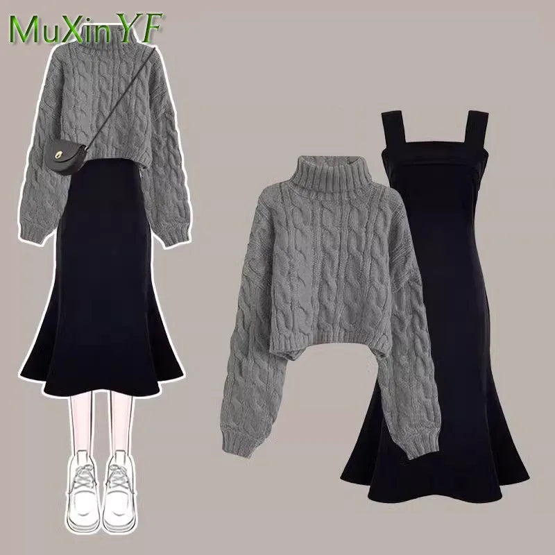 Women's Autumn Winter Loose High Neck Knitted Sweater Suspender Dress Two-piece Korean Elegant Pullover Strap Skirt Matching Set