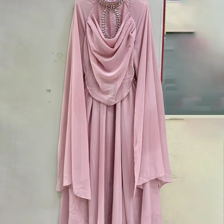 Solid Loose Sheer Spliced Bead Elegant Dresses for Women High Neck Long Sleeves Patchwork Folds Dress Female New