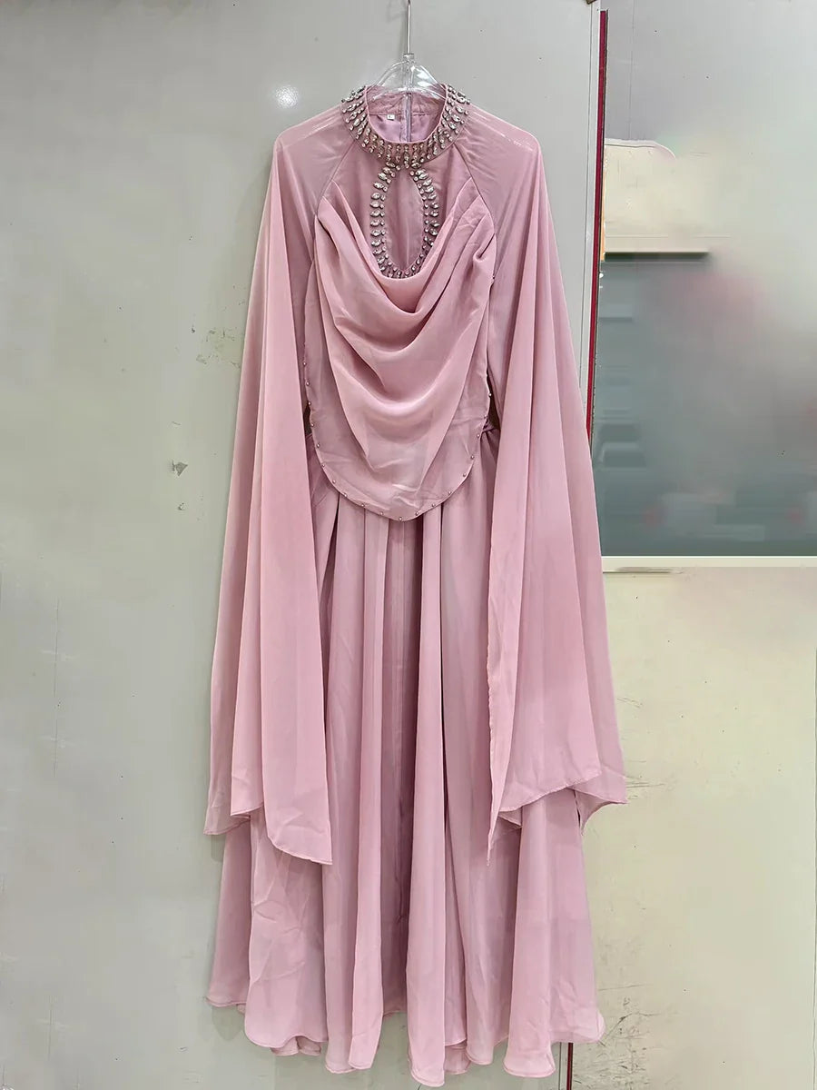 Solid Loose Sheer Spliced Bead Elegant Dresses for Women High Neck Long Sleeves Patchwork Folds Dress Female New