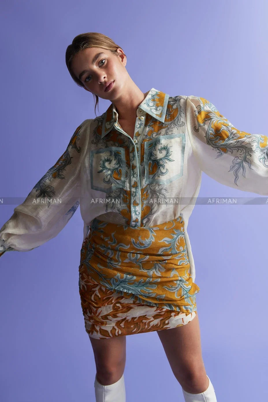 Women Position Printed Lantern Sleeve Lapel Loose Linen Shirt + Pleated Buttocks Wrapped Short Skirt Set set