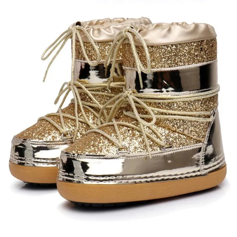 Winter Women Snow Boots Parent-Kid Waterproof Platform Non-slip Boots Children Boys Girls Lace-up Glitter Cotton Ski Boots