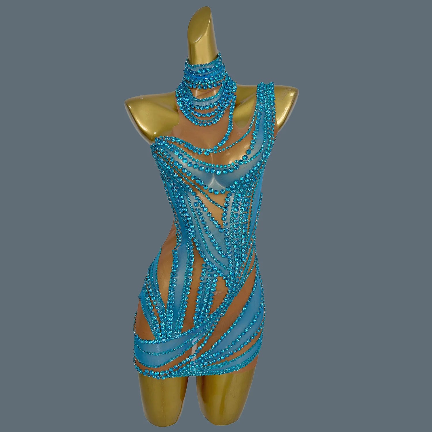 Hot Girl Sparkly Rhinestone Mini Dress Sexy Mesh See Through Party Event Prom Celebrate Birthday Dress Singer Show Wear Liuzhuan