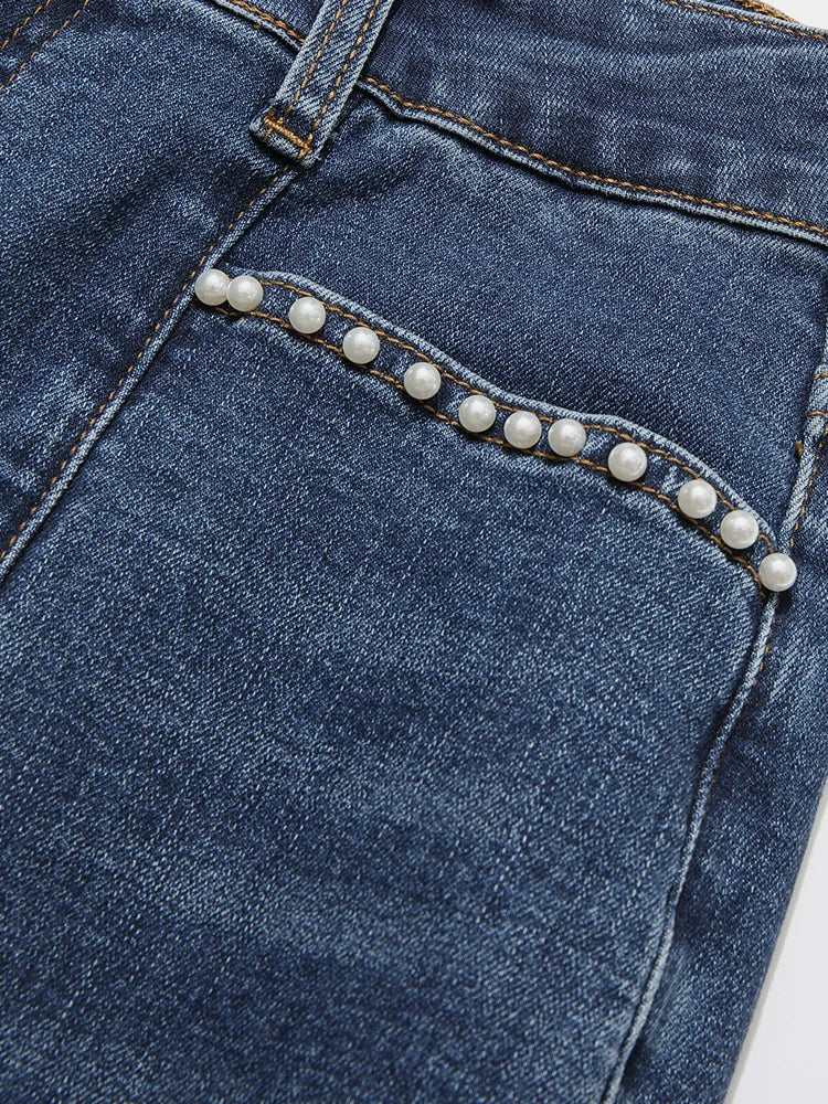 Denim Blue Women Jeans Beaded Spliced Autumn New Ankle-length Retro Elastic Female Flare Pants