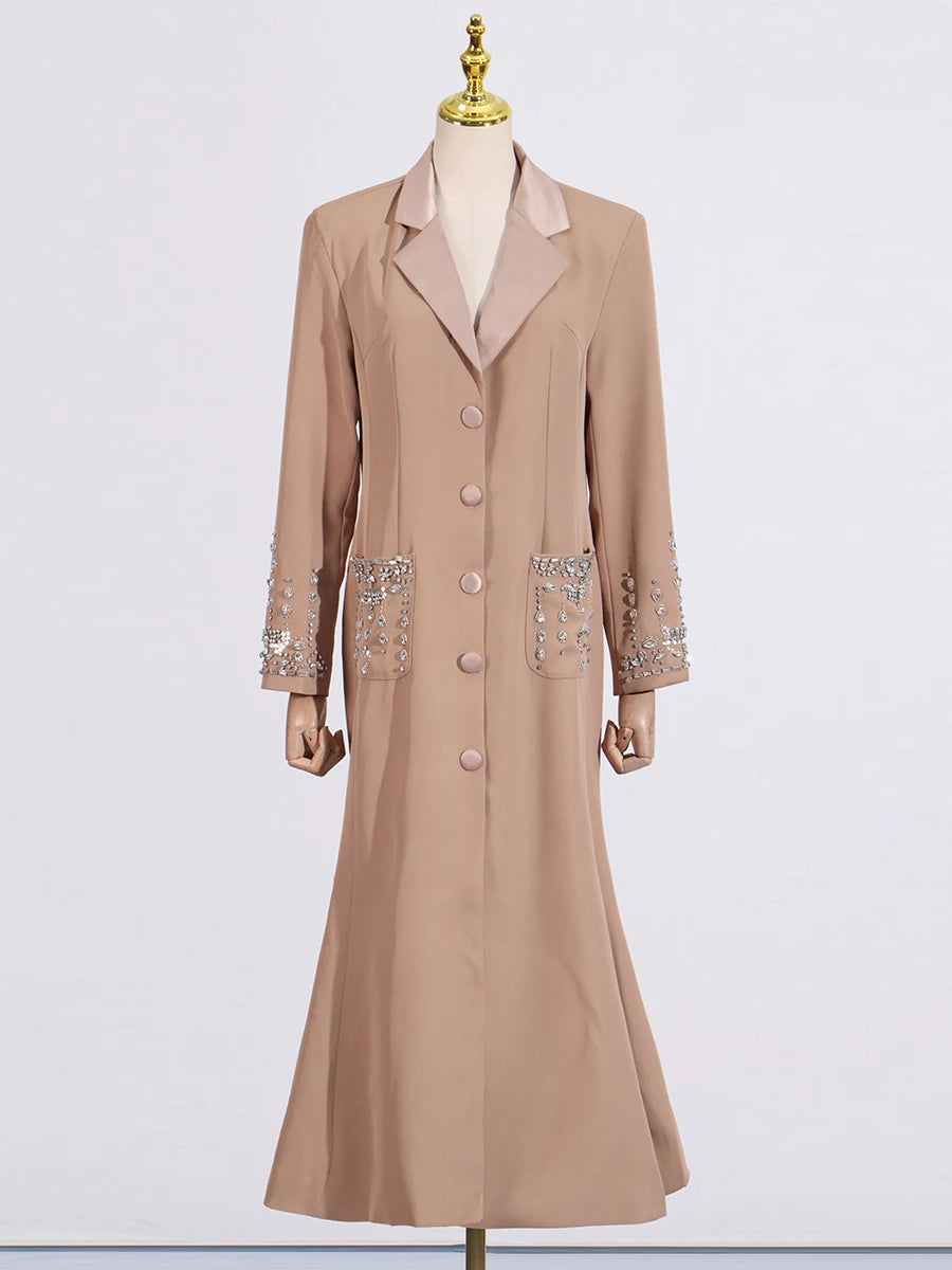 TWOTWINSTYLE Solid Slimming Spliced Diamonds Dresses for Women Lapel Long Sleeves Patchwork Single Breasted Dress Female Fashion