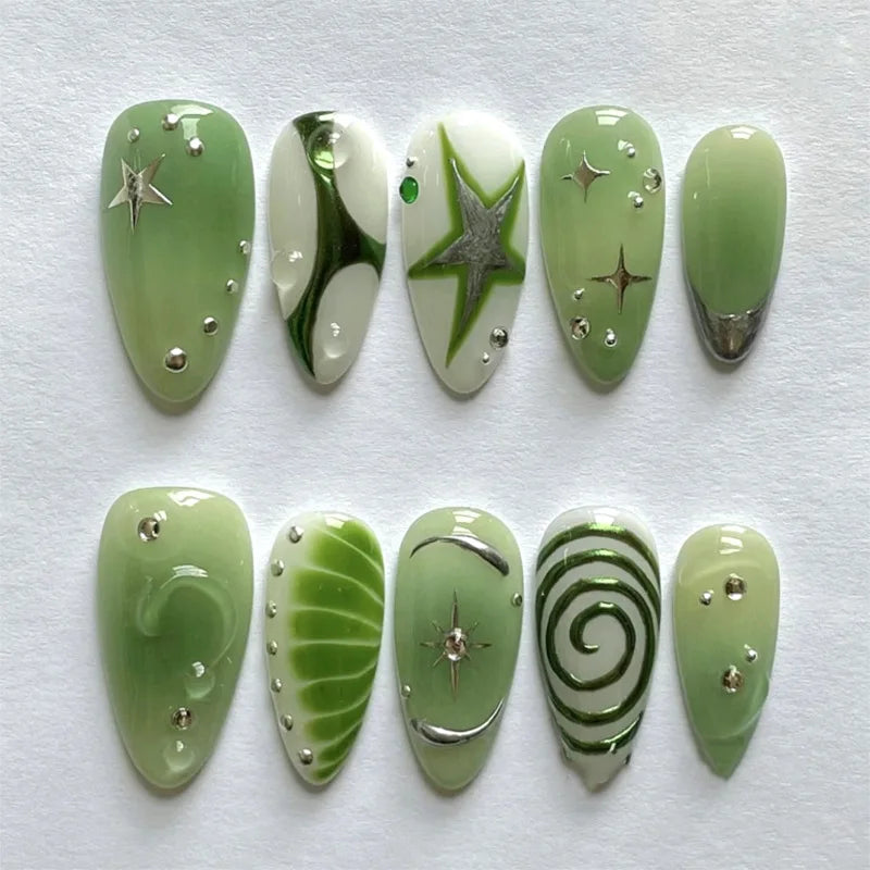 24Pcs Mid-length Almond Press on Fake Nails with Insect Flower Button Design Full Cover Nails Tips Reusable Finished False Nails